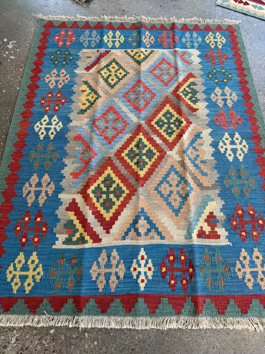 Qashqai Kilim — Sarasar Design in Sky Blue & Saffron | 5'2" × 6'8"