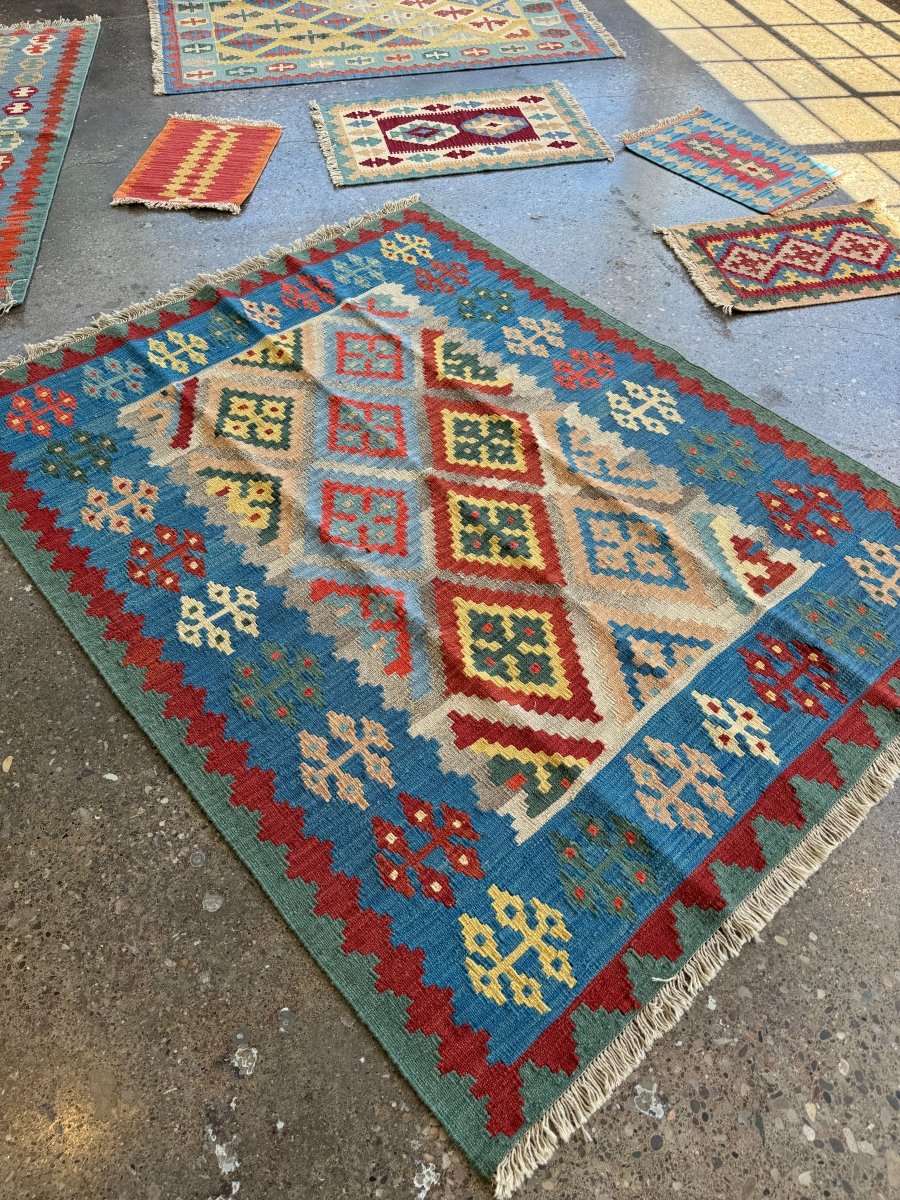 Qashqai Kilim — Sarasar Design in Sky Blue & Saffron | 5'2" × 6'8"