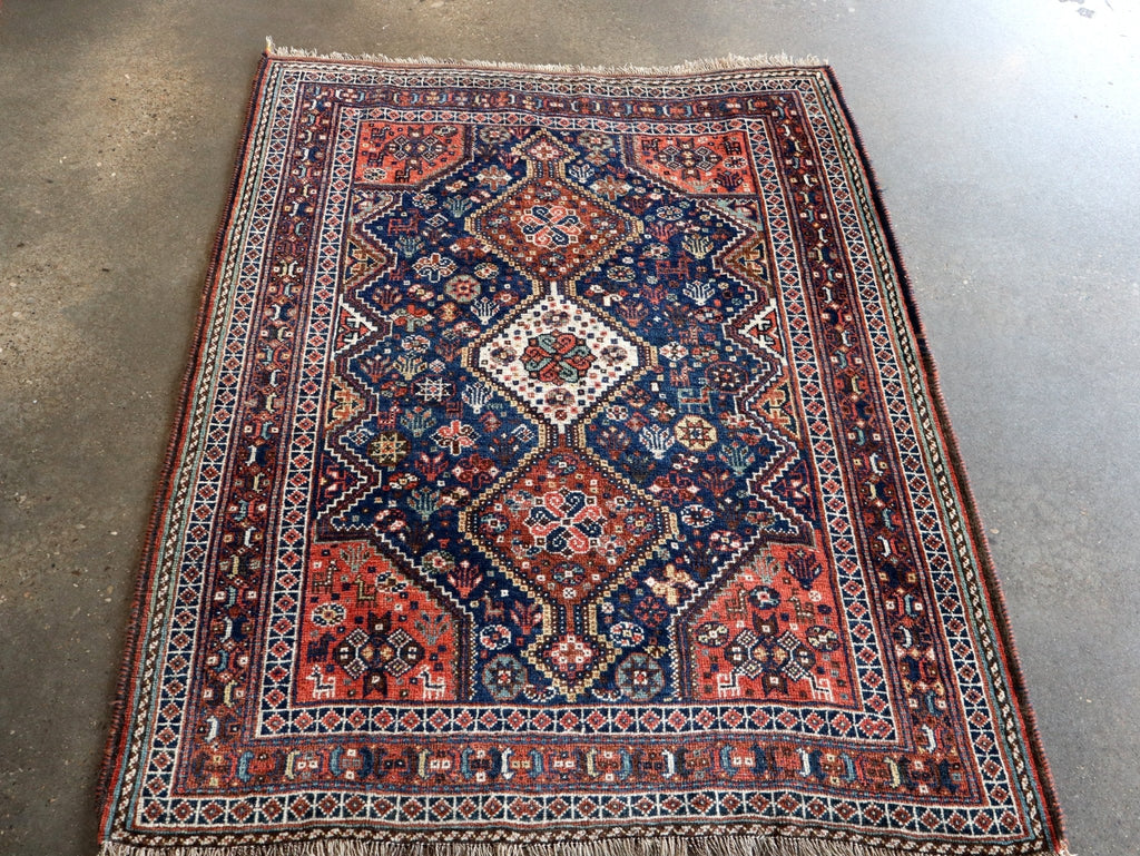 Qashqai Rug — Indigo Field & Jewel-Tone Diamonds | 4' × 5'1"