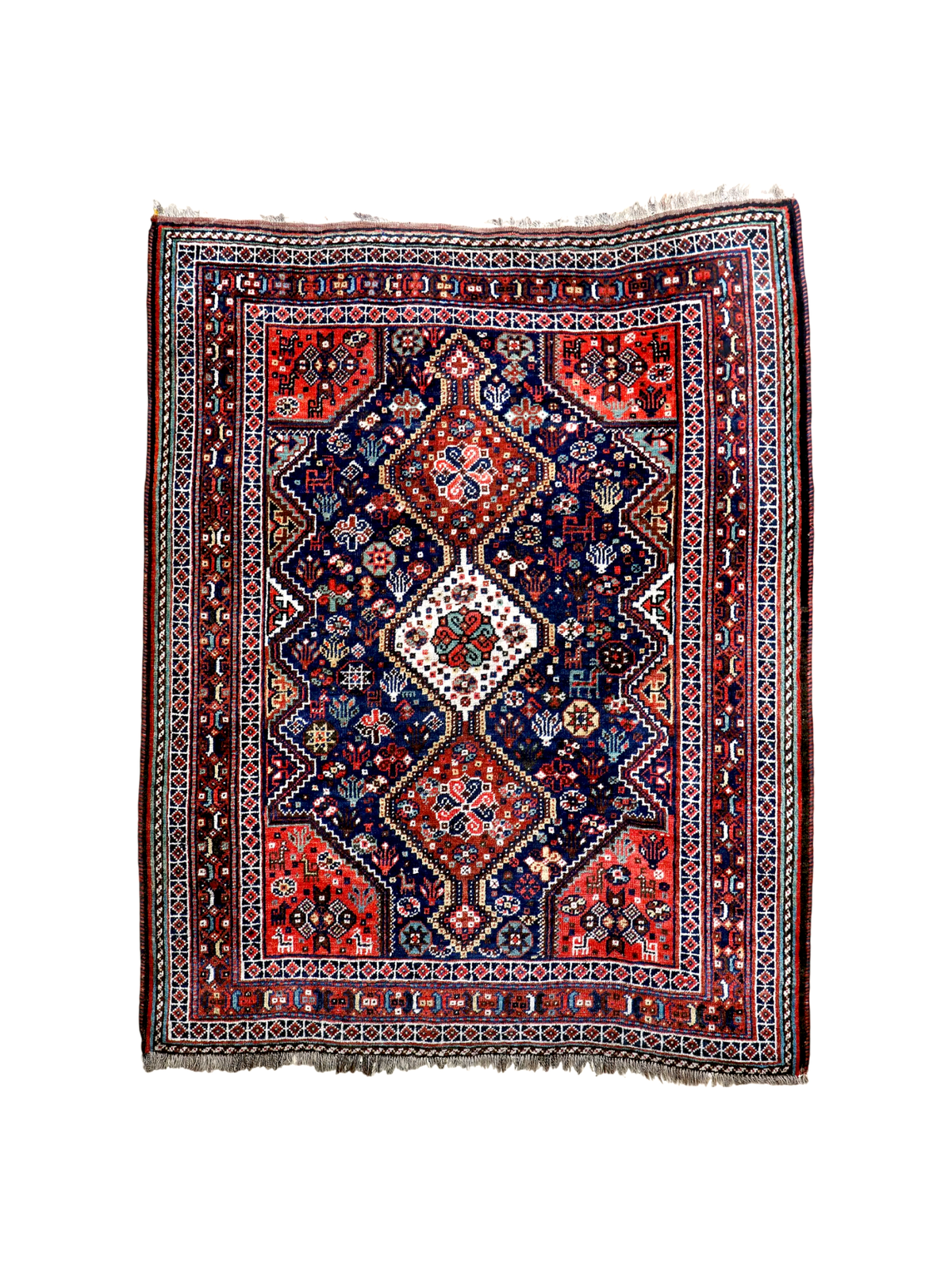 Qashqai Rug — Indigo Field & Jewel-Tone Diamonds | 4' × 5'1"