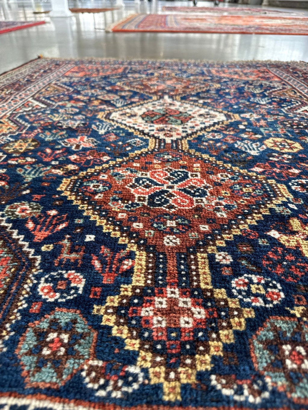 Qashqai Rug — Indigo Field & Jewel-Tone Diamonds | 4' × 5'1"