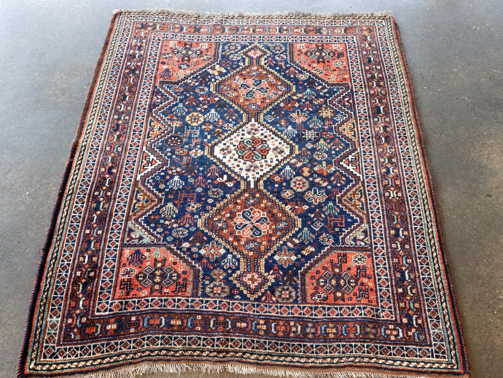 Qashqai Rug — Indigo Field & Jewel-Tone Diamonds | 4' × 5'1"