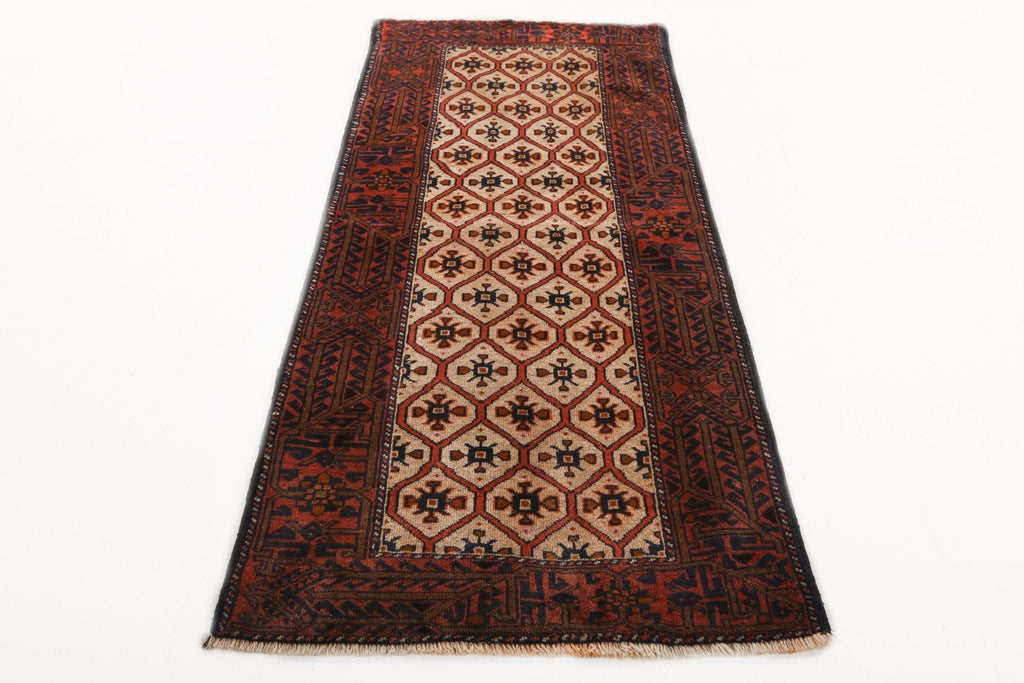 Quchan Kurdish Runner — Ivory Rosette Lattice & Rust Border | 2'10" × 6'9"