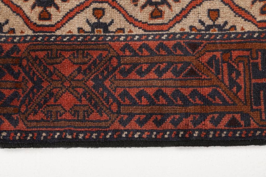 Quchan Kurdish Runner — Ivory Rosette Lattice & Rust Border | 2'10" × 6'9"