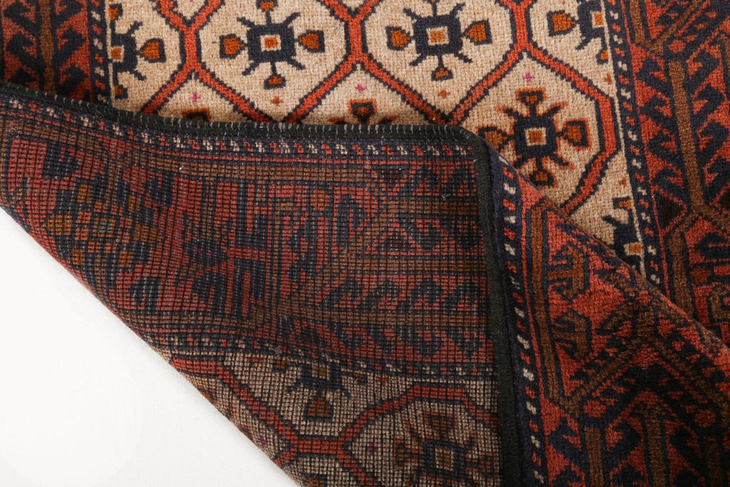 Quchan Kurdish Runner — Ivory Rosette Lattice & Rust Border | 2'10" × 6'9"