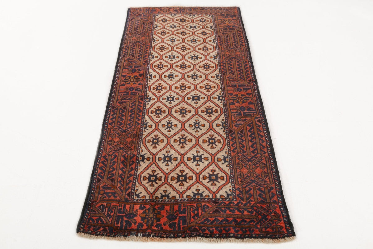 Quchan Kurdish Runner — Ivory Rosette Lattice & Rust Border | 2'10" × 6'9"