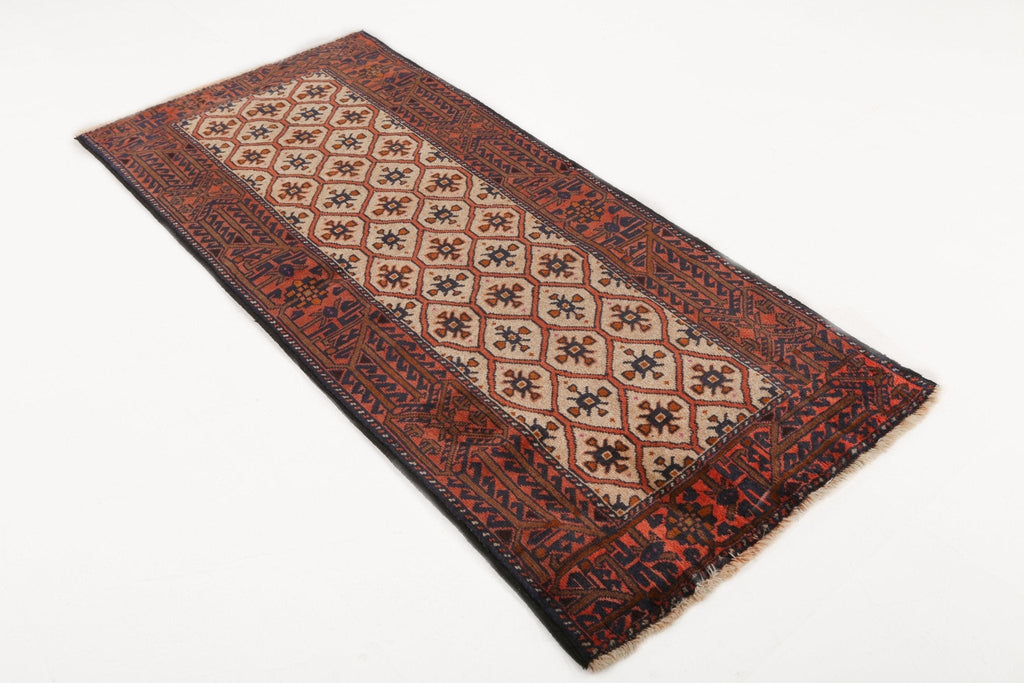 Quchan Kurdish Runner — Ivory Rosette Lattice & Rust Border | 2'10" × 6'9"