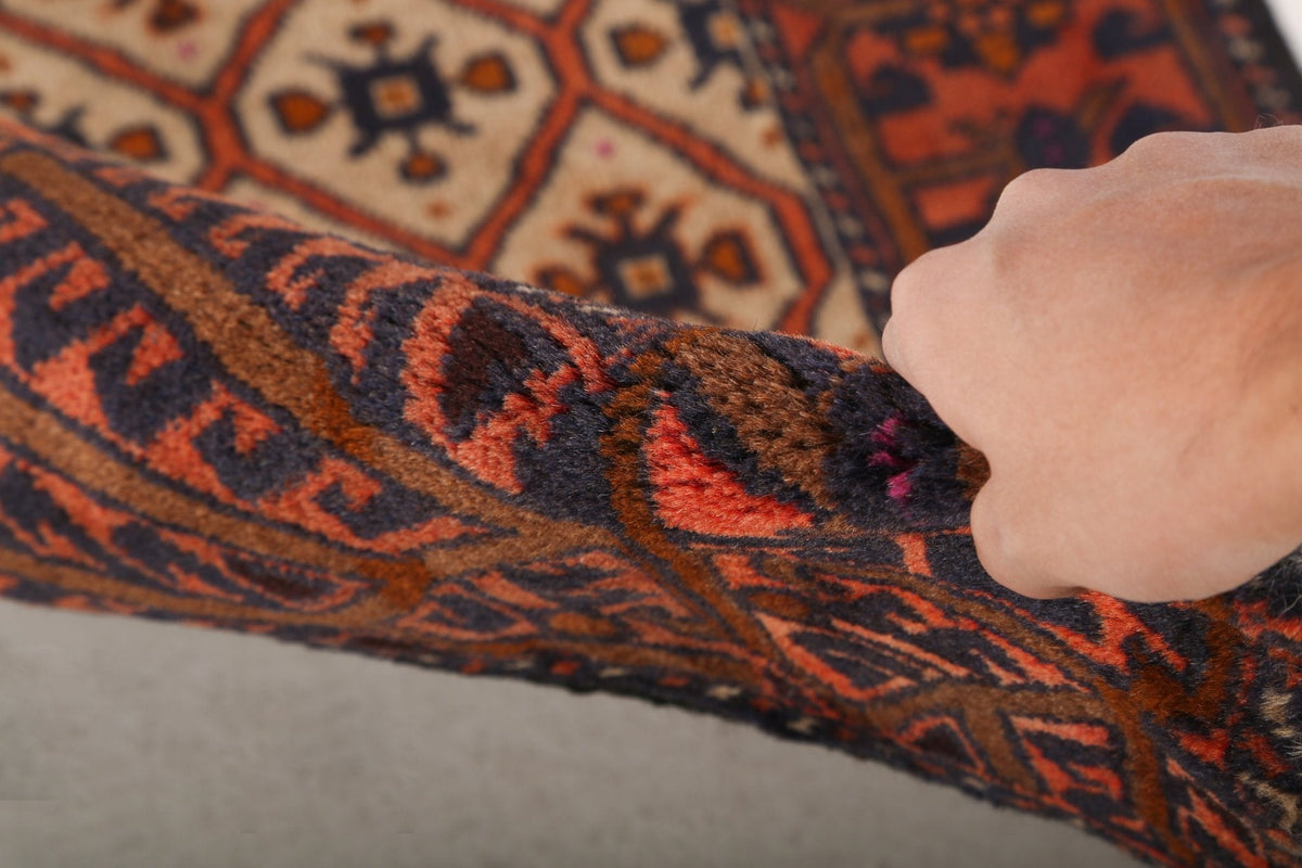 Quchan Kurdish Runner — Ivory Rosette Lattice & Rust Border | 2'10" × 6'9"