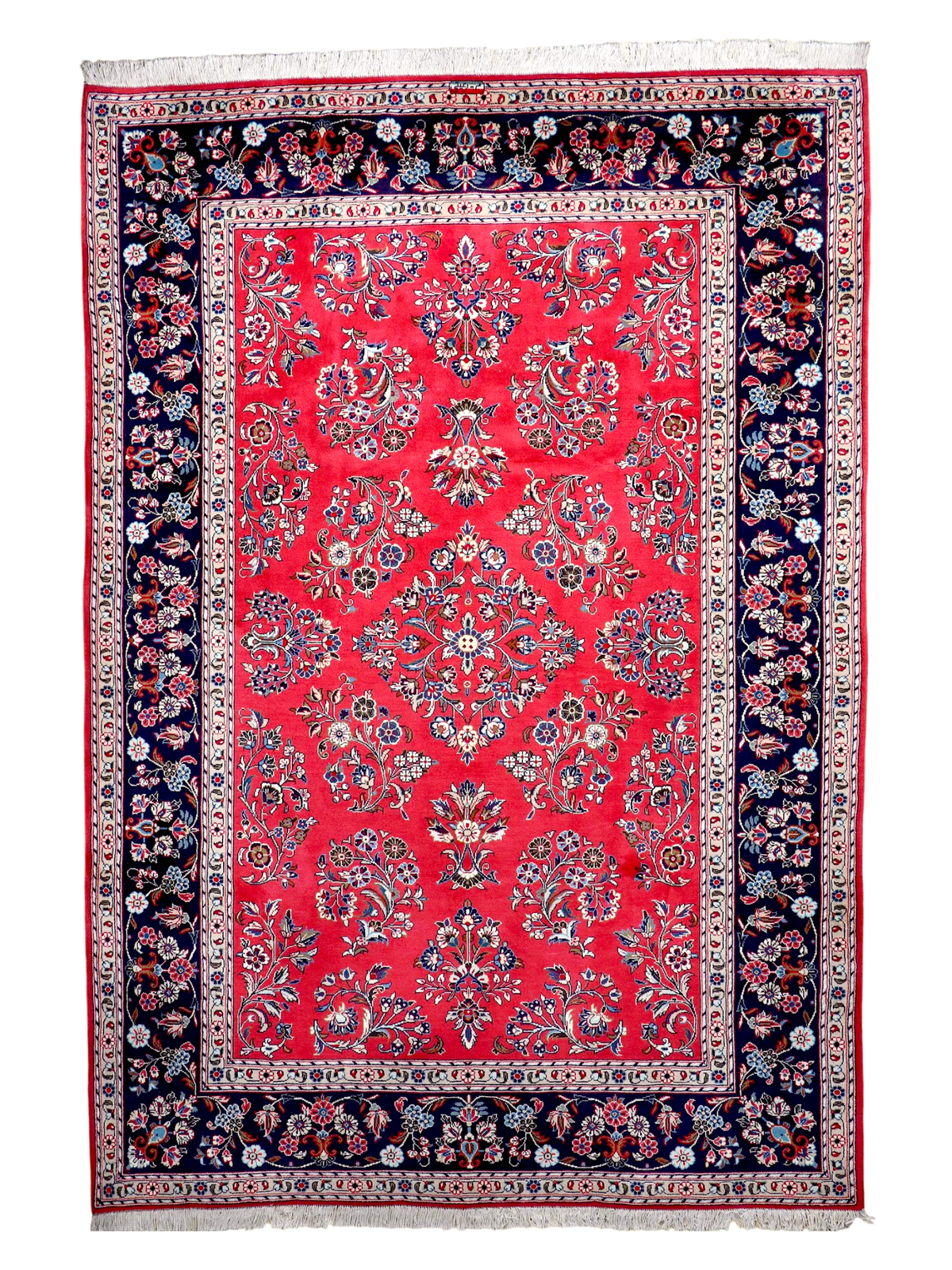 Signierter Sarouk-Teppich — Korallenfarbene Blumengestecke | 6'11" × 9'10"