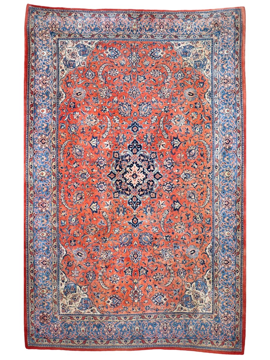 Persian Sarouk Rug — Coral Florals & Sapphire Border | 6'7" × 10'2"