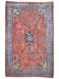 Persian Sarouk Rug — Coral Florals & Sapphire Border | 6'7" × 10'2"