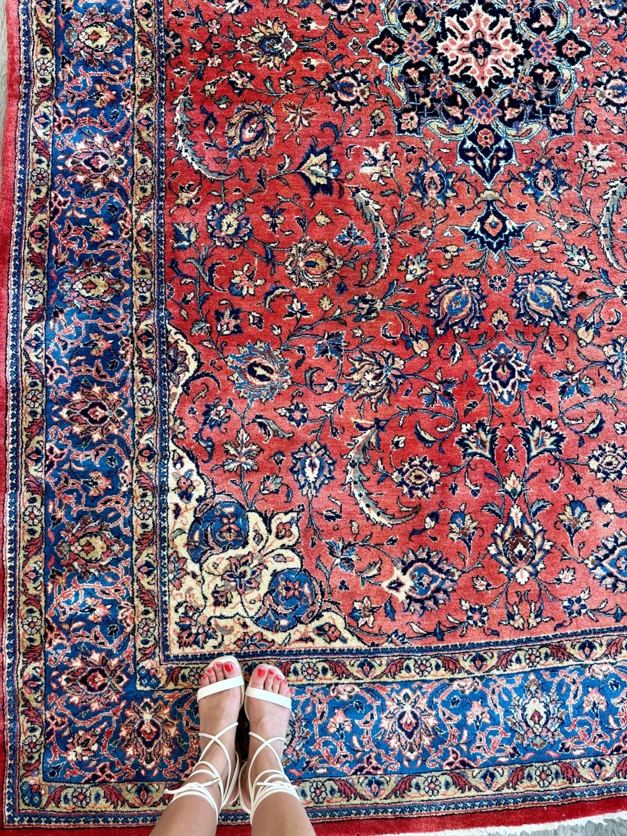 Persian Sarouk Rug — Coral Florals & Sapphire Border | 6'7" × 10'2"
