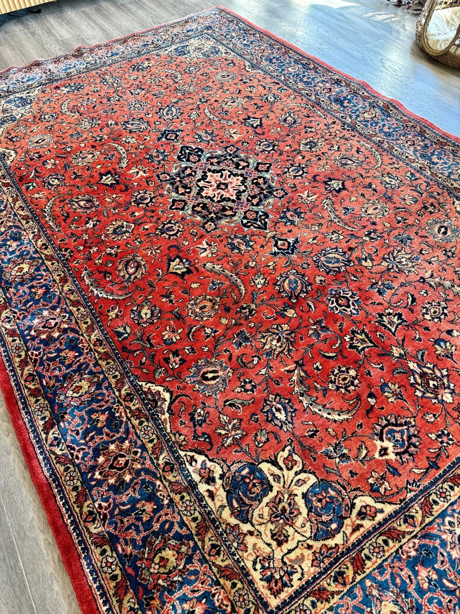 Persian Sarouk Rug — Coral Florals & Sapphire Border | 6'7" × 10'2"