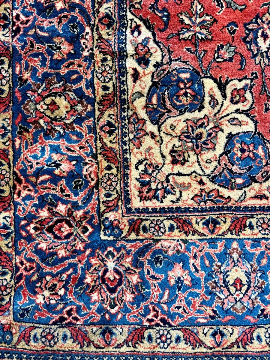 Persian Sarouk Rug — Coral Florals & Sapphire Border | 6'7" × 10'2"