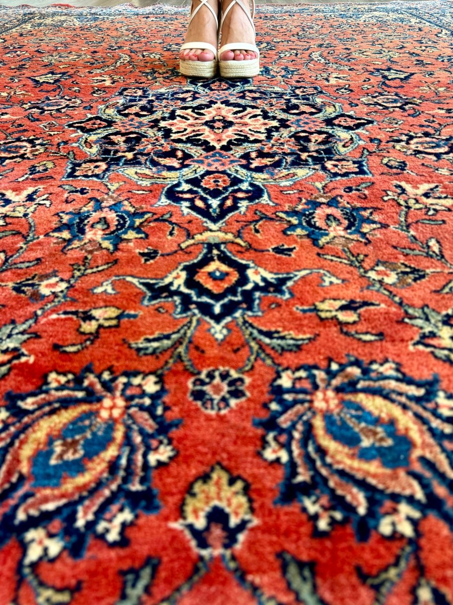 Persian Sarouk Rug — Coral Florals & Sapphire Border | 6'7" × 10'2"