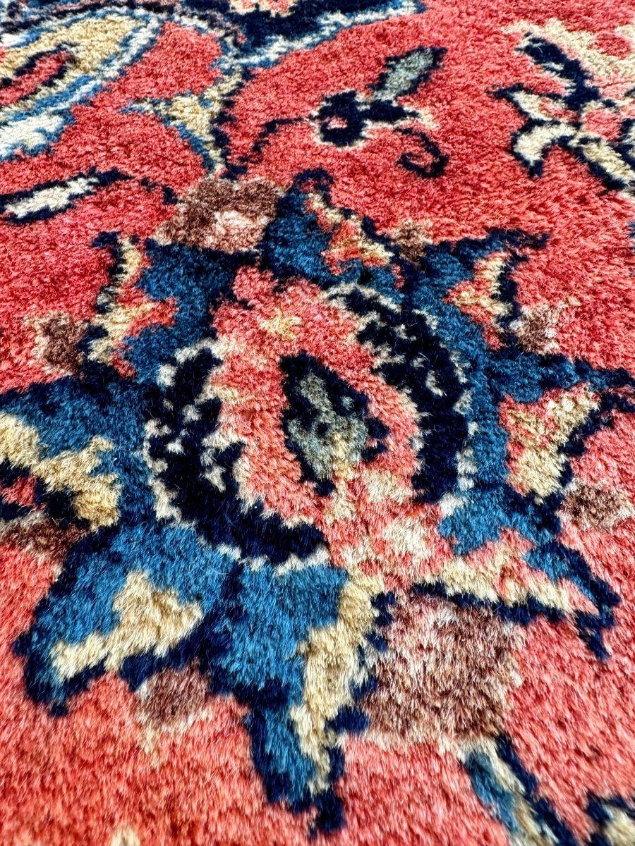 Persian Sarouk Rug — Coral Florals & Sapphire Border | 6'7" × 10'2"