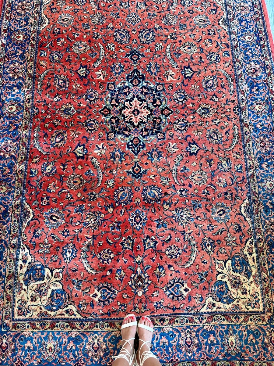 Persian Sarouk Rug — Coral Florals & Sapphire Border | 6'7" × 10'2"