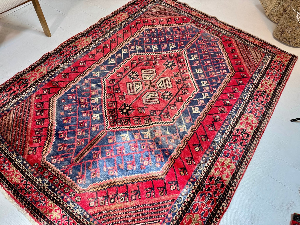 Persian Shahr-e Babak Rug — Ruby & Indigo Geometric Medallion | 5'5" × 7'3"