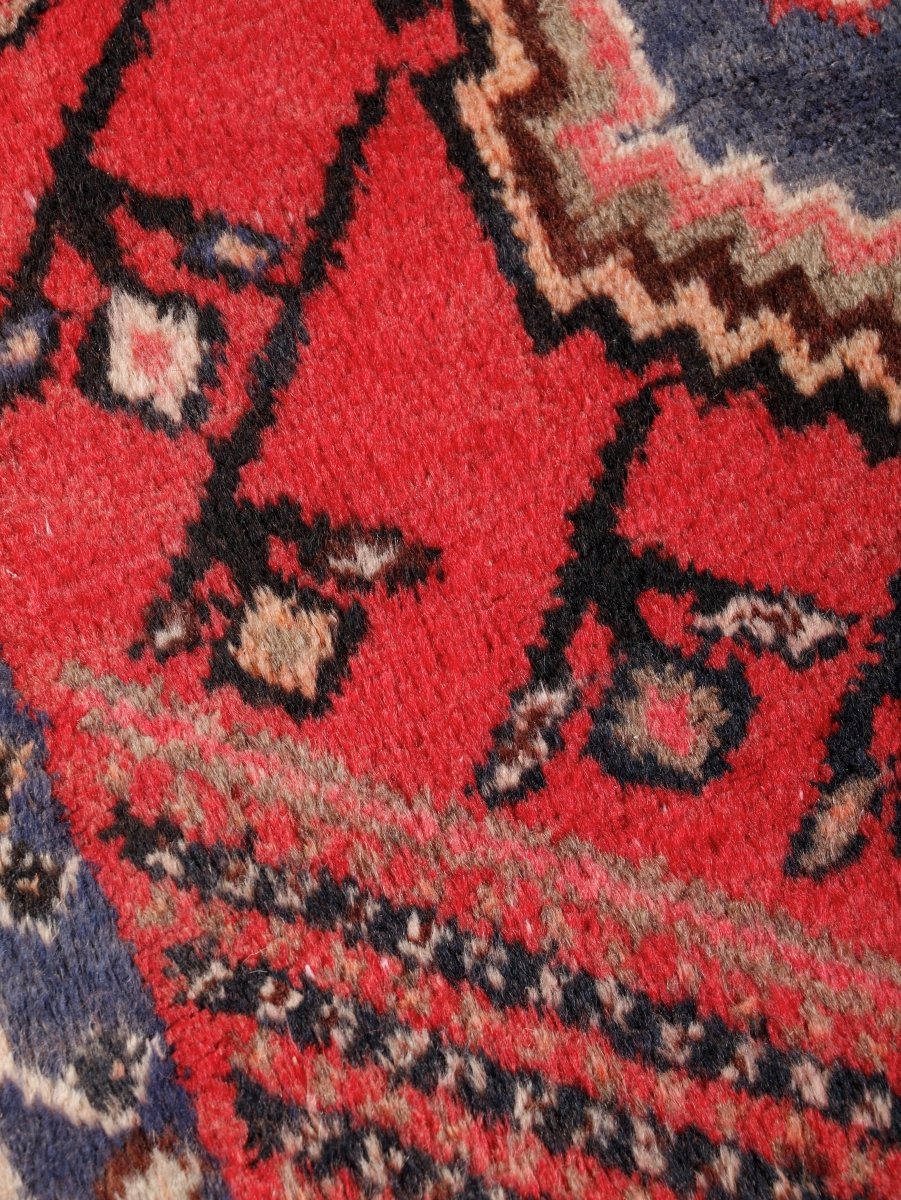 Persian Shahr-e Babak Rug — Ruby & Indigo Geometric Medallion | 5'5" × 7'3"