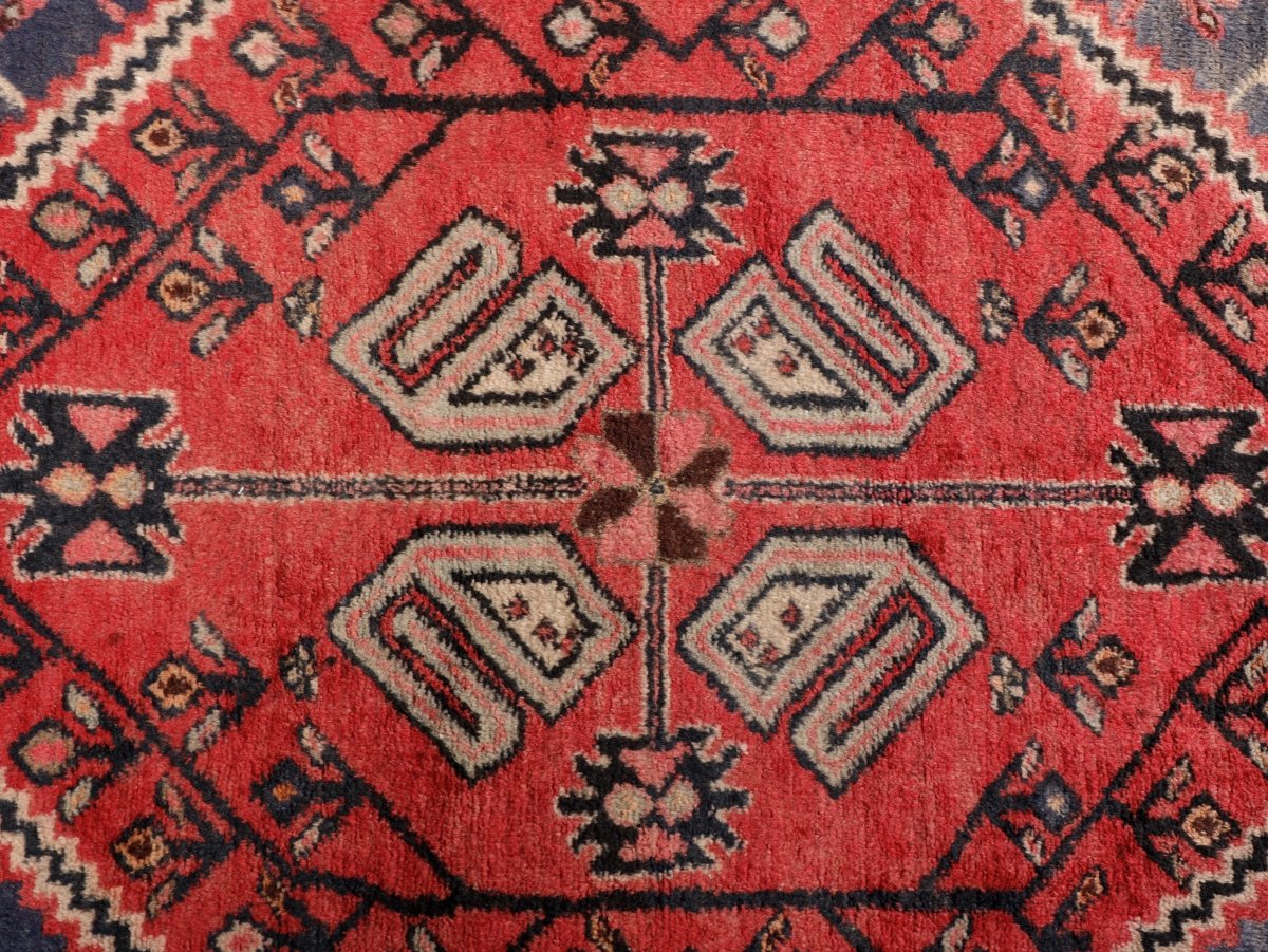Persian Shahr-e Babak Rug — Ruby & Indigo Geometric Medallion | 5'5" × 7'3"
