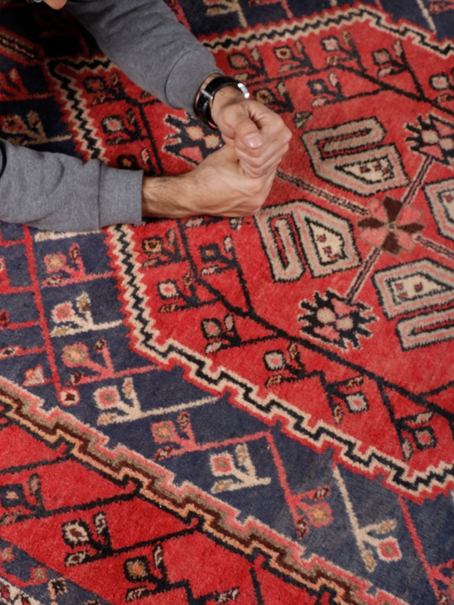 Persian Shahr-e Babak Rug — Ruby & Indigo Geometric Medallion | 5'5" × 7'3"