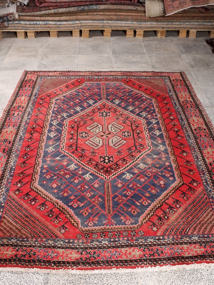 Persian Shahr-e Babak Rug — Ruby & Indigo Geometric Medallion | 5'5" × 7'3"