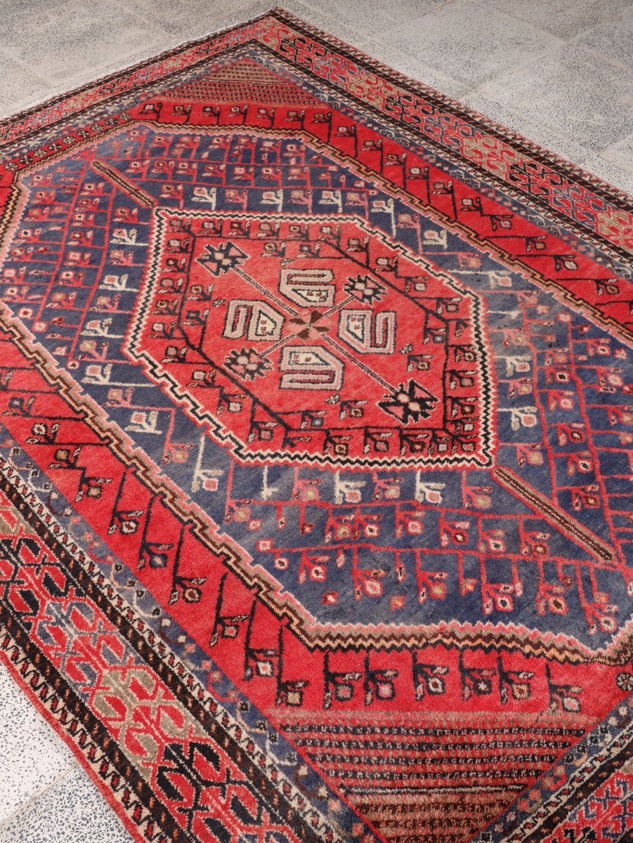 Persian Shahr-e Babak Rug — Ruby & Indigo Geometric Medallion | 5'5" × 7'3"