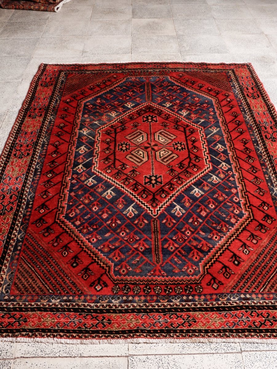 Persian Shahr-e Babak Rug — Ruby & Indigo Geometric Medallion | 5'5" × 7'3"