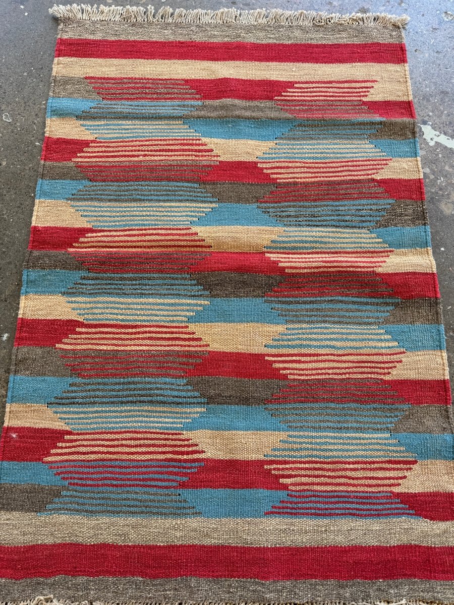 Shiraz Kilim — Afshan Lozi in Sky Blue & Ruby | 3' × 4'6"