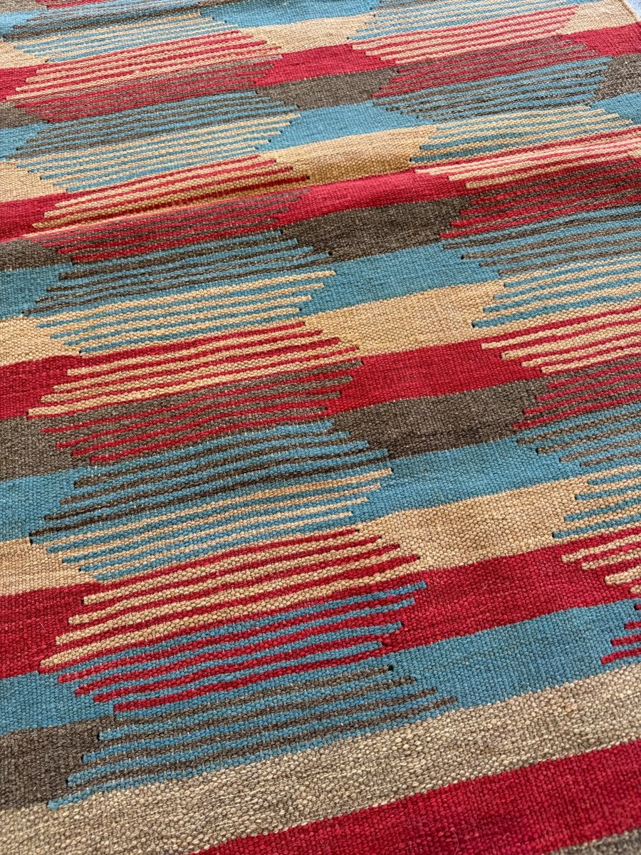 Shiraz Kilim — Afshan Lozi in Sky Blue & Ruby | 3' × 4'6"