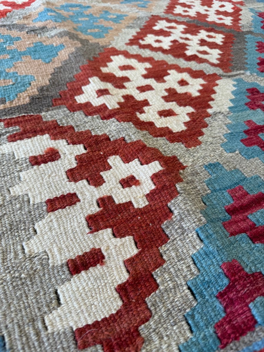 Shiraz Kilim — Sarasar Design in Sky Blue & Ruby | 5'3" × 6'9"