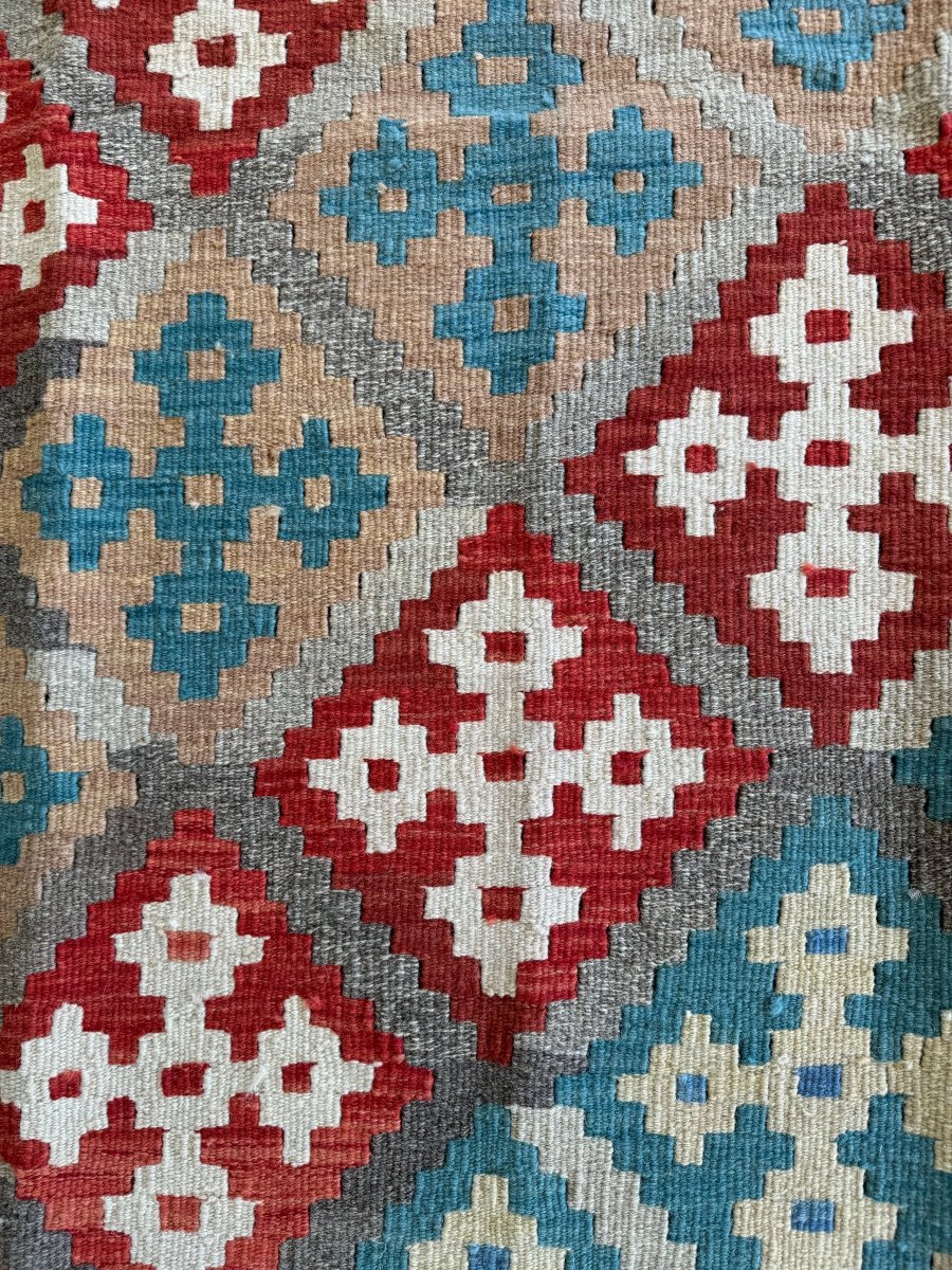 Shiraz Kilim — Sarasar Design in Sky Blue & Ruby | 5'3" × 6'9"