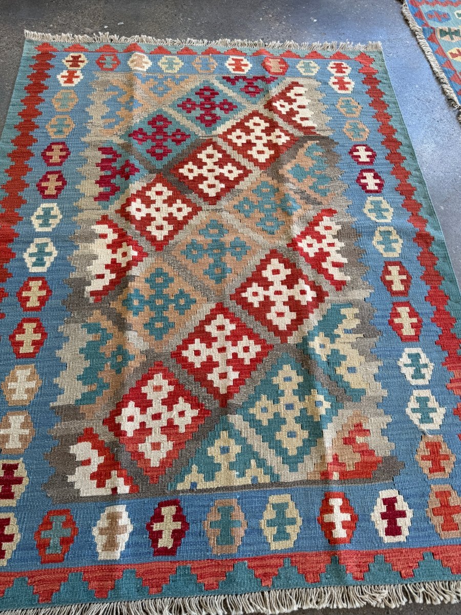 Shiraz Kilim — Sarasar Design in Sky Blue & Ruby | 5'3" × 6'9"