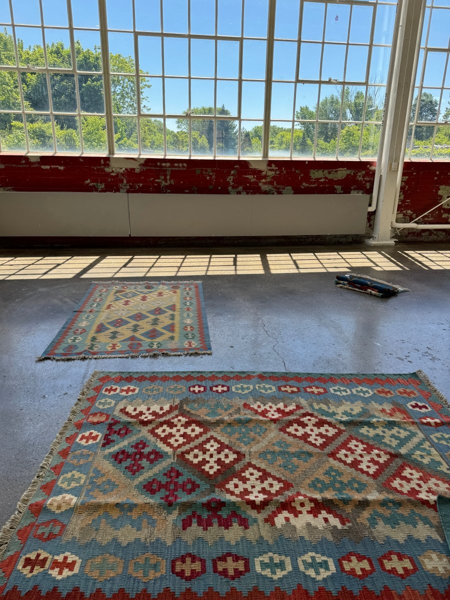 Shiraz Kilim — Sarasar Design in Sky Blue & Ruby | 5'3" × 6'9"