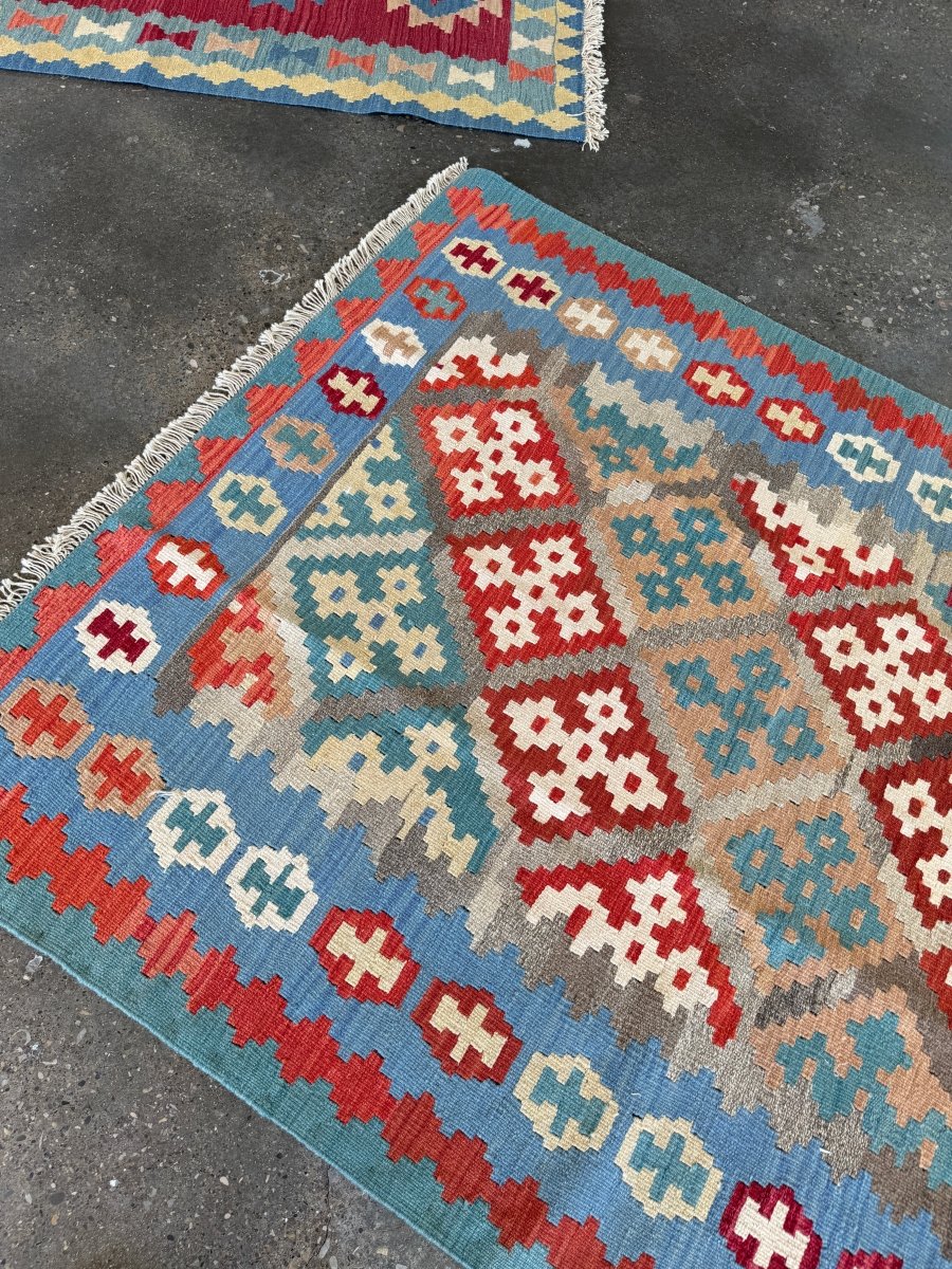 Shiraz Kilim — Sarasar Design in Sky Blue & Ruby | 5'3" × 6'9"