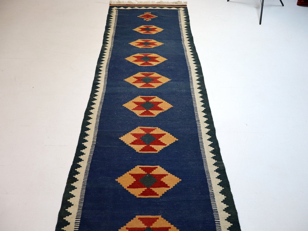 Shiraz Kilim Runner — Golden Stars on Indigo | 2'8" × 9'7"