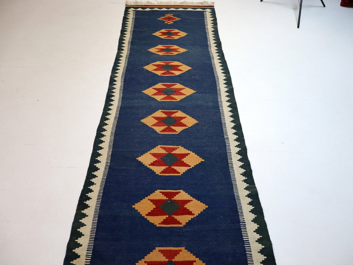 Shiraz Kilim Runner — Golden Stars on Indigo | 2'8" × 9'7"