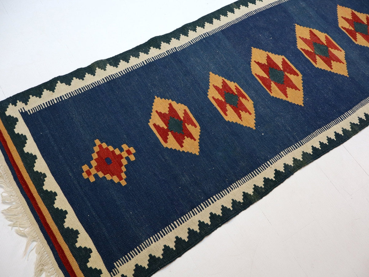 Shiraz Kilim Runner — Golden Stars on Indigo | 2'8" × 9'7"