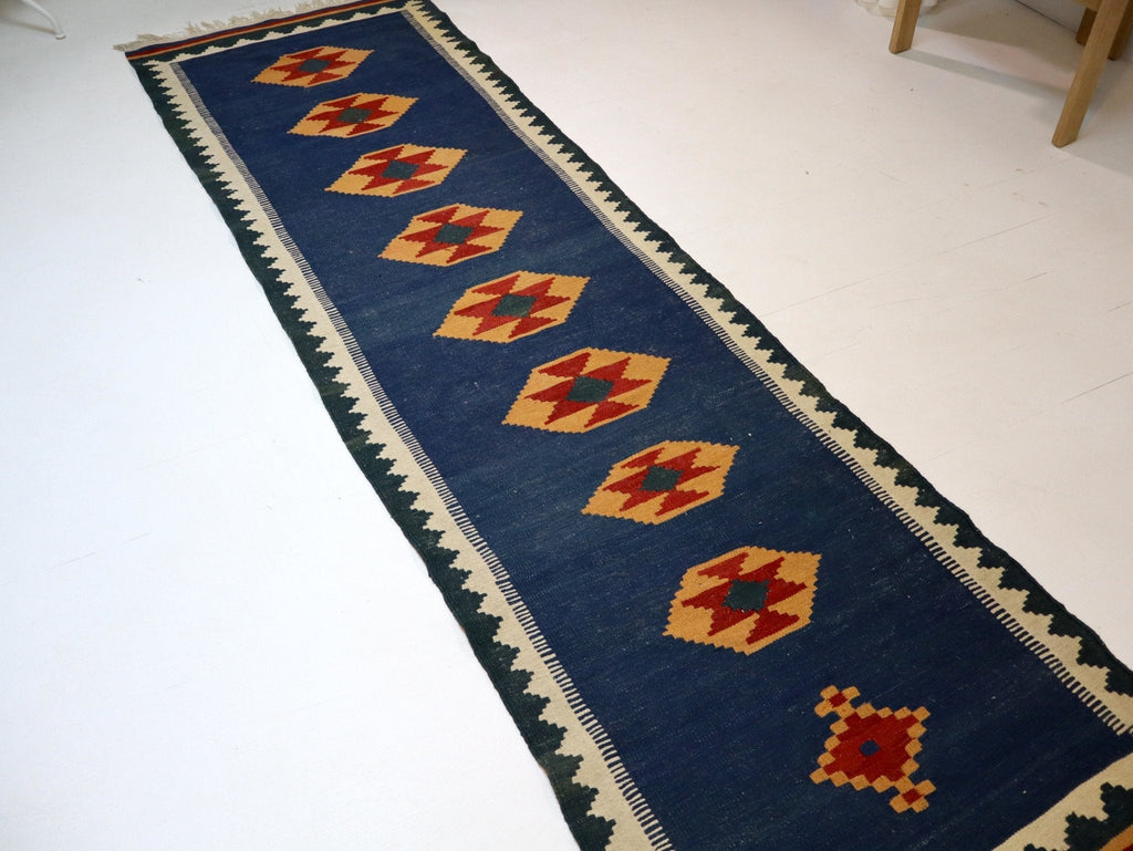 Shiraz Kilim Runner — Golden Stars on Indigo | 2'8" × 9'7"