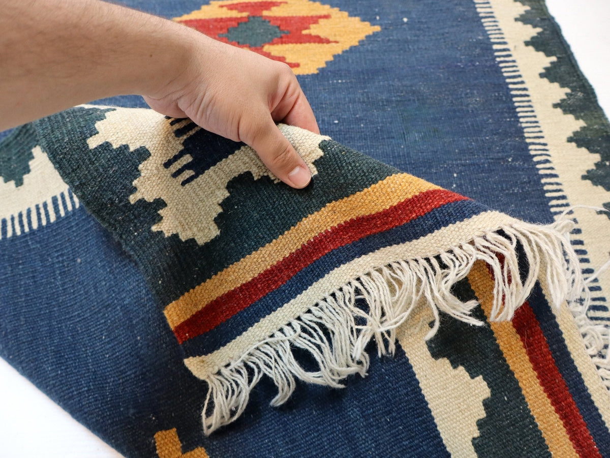 Shiraz Kilim Runner — Golden Stars on Indigo | 2'8" × 9'7"