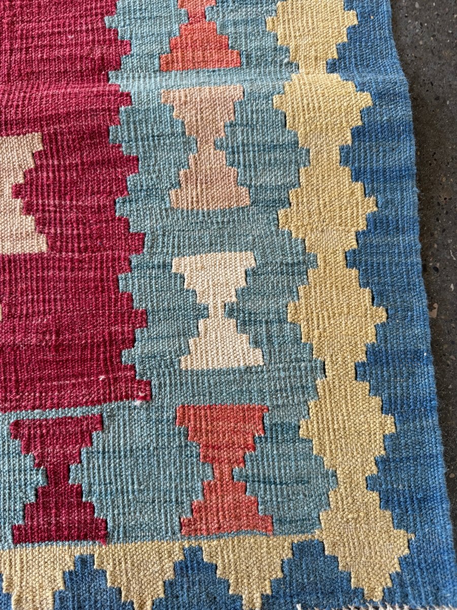 Shiraz Kilim Runner — Khati Design in Ruby & Sky Blue | 2'10" × 6'3"