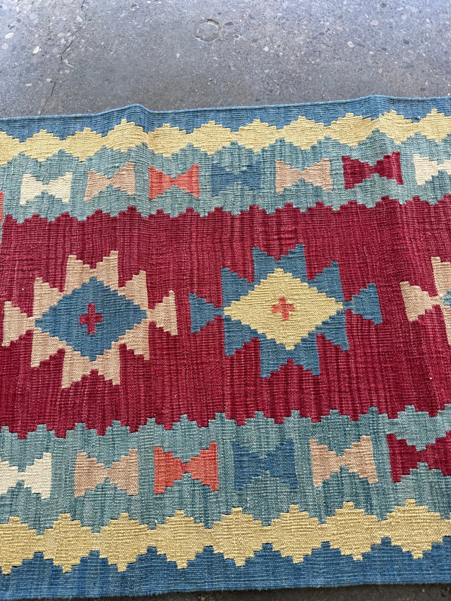 Shiraz Kilim Runner — Khati Design in Ruby & Sky Blue | 2'10" × 6'3"