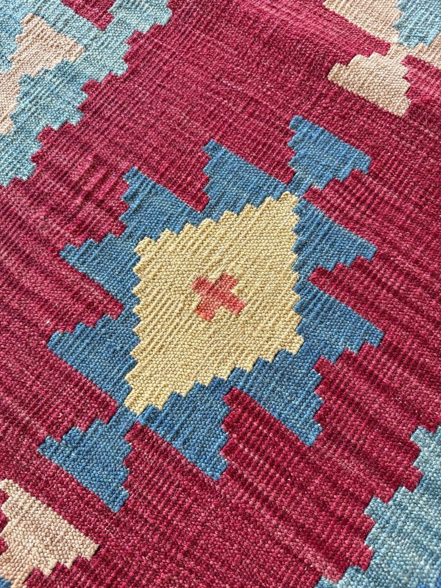 Shiraz Kilim Runner — Khati Design in Ruby & Sky Blue | 2'10" × 6'3"