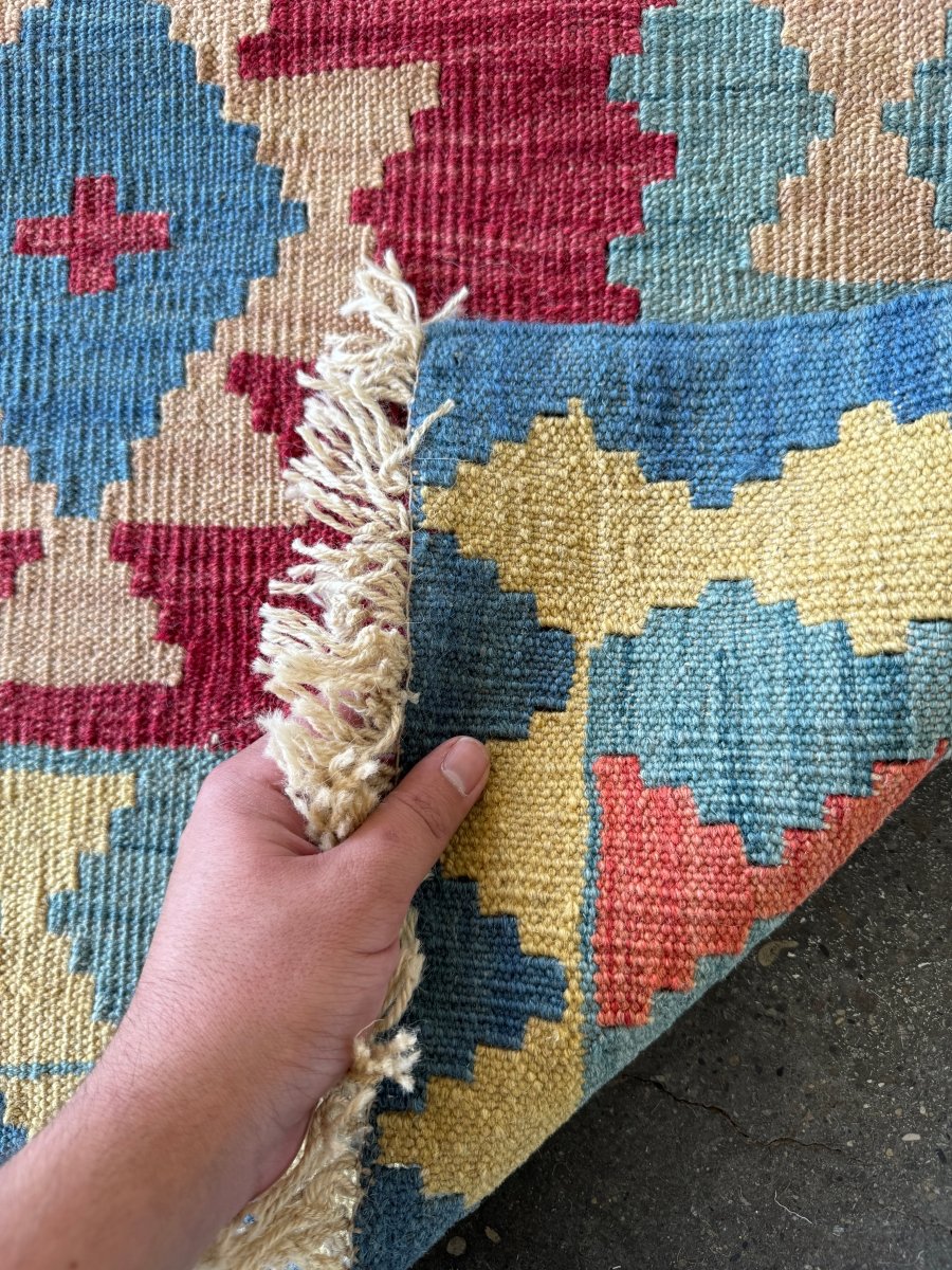 Shiraz Kilim Runner — Khati Design in Ruby & Sky Blue | 2'10" × 6'3"
