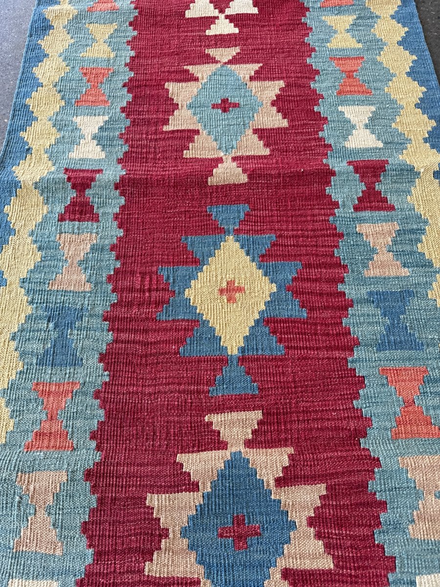 Shiraz Kilim Runner — Khati Design in Ruby & Sky Blue | 2'10" × 6'3"