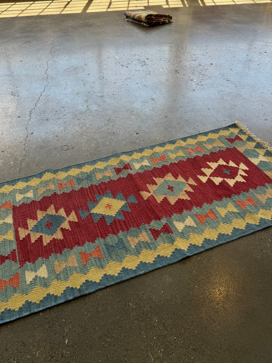 Shiraz Kilim Runner — Khati Design in Ruby & Sky Blue | 2'10" × 6'3"