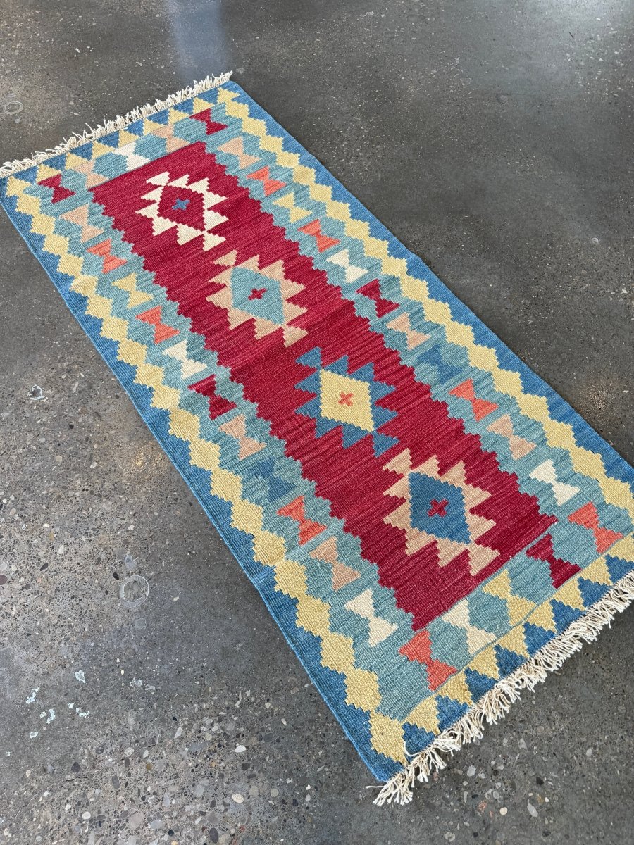 Shiraz Kilim Runner — Khati Design in Ruby & Sky Blue | 2'10" × 6'3"