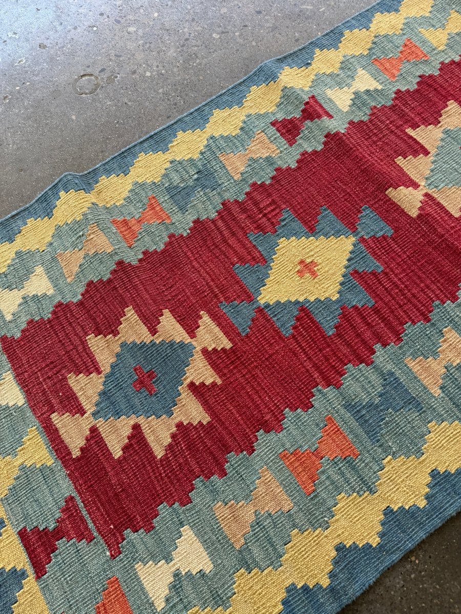 Shiraz Kilim Runner — Khati Design in Ruby & Sky Blue | 2'10" × 6'3"