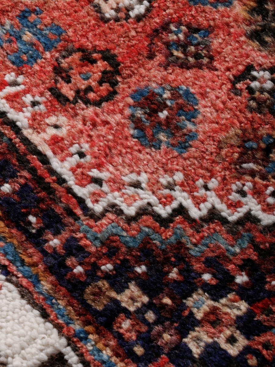 Persian Shiraz Rug — Coral Rosettes & Checkered Border | 3'6" × 5'1"