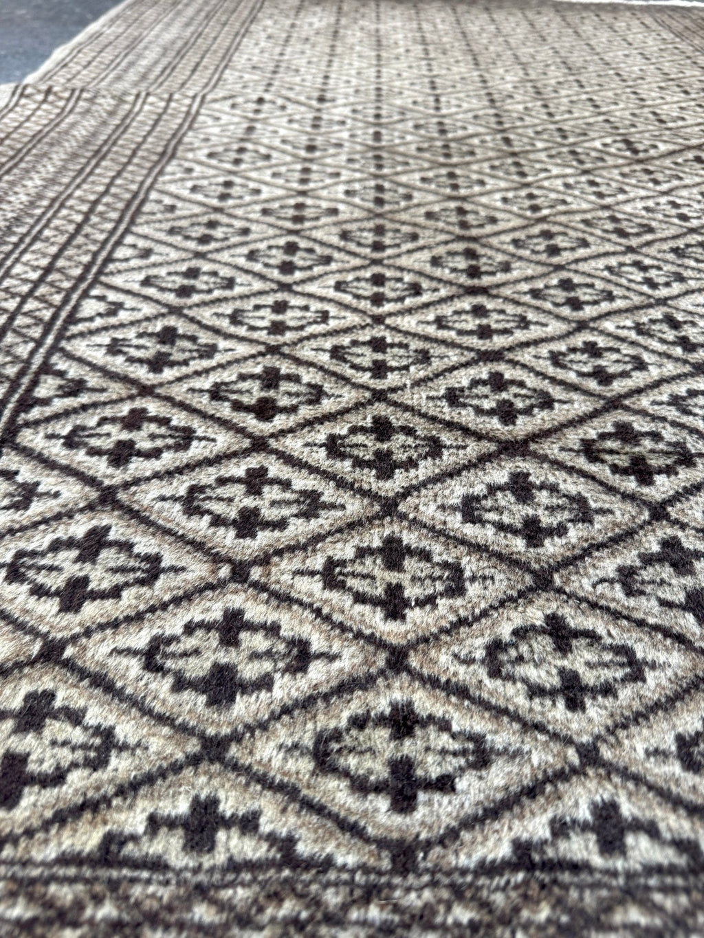 Persian Turkmen Rug — Ivory & Espresso Diamond Lattice | 3'3" × 4'5"